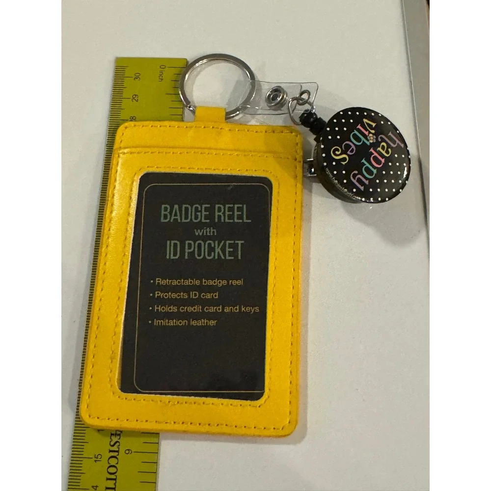 Boogee Beads Yellow Faux Leather Retractable Badge Reel ID Pocket Happy Vibes